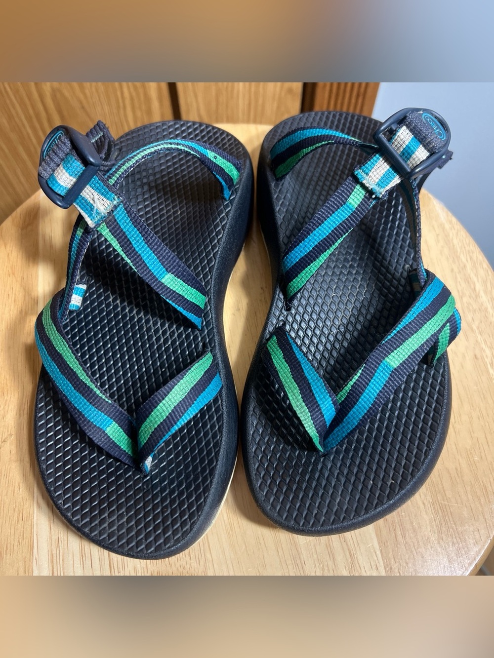 Chaco Women's Black Sandals with Blue and Green Striped Webbing